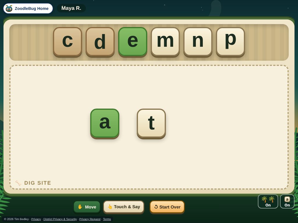 The student screen: a bank of letter tiles above the Dig Site where a word is being built