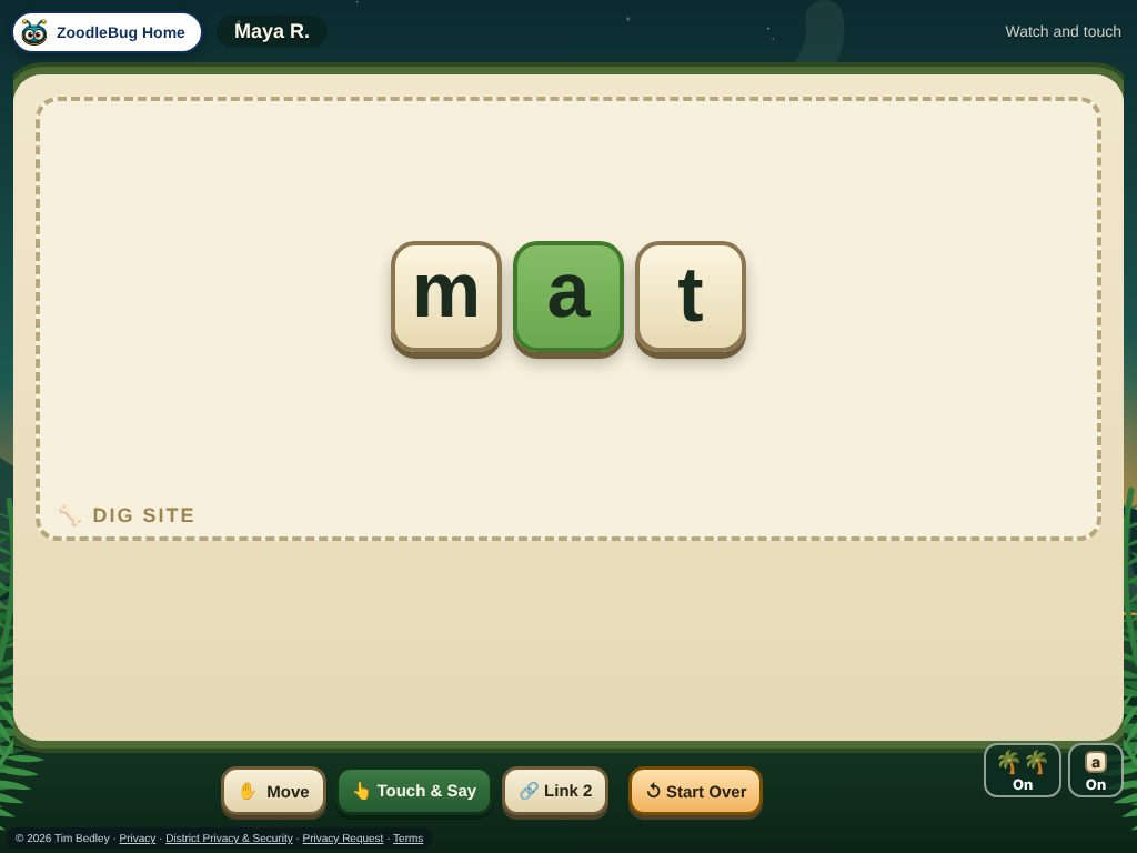 A child's screen while the teacher models a word