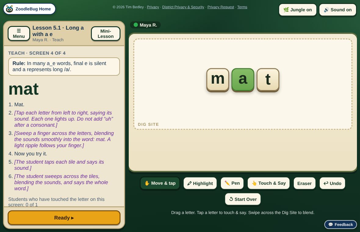 The teacher screen: a private script on the left and the student's tiles on the right